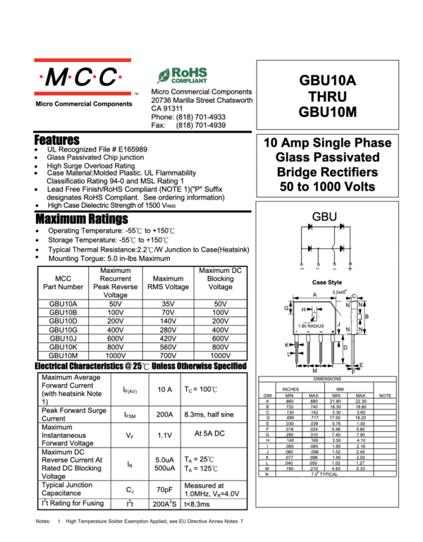 Comprehensive Overview of the MCC GBU10M Bridge Rectifier-100000 PCS